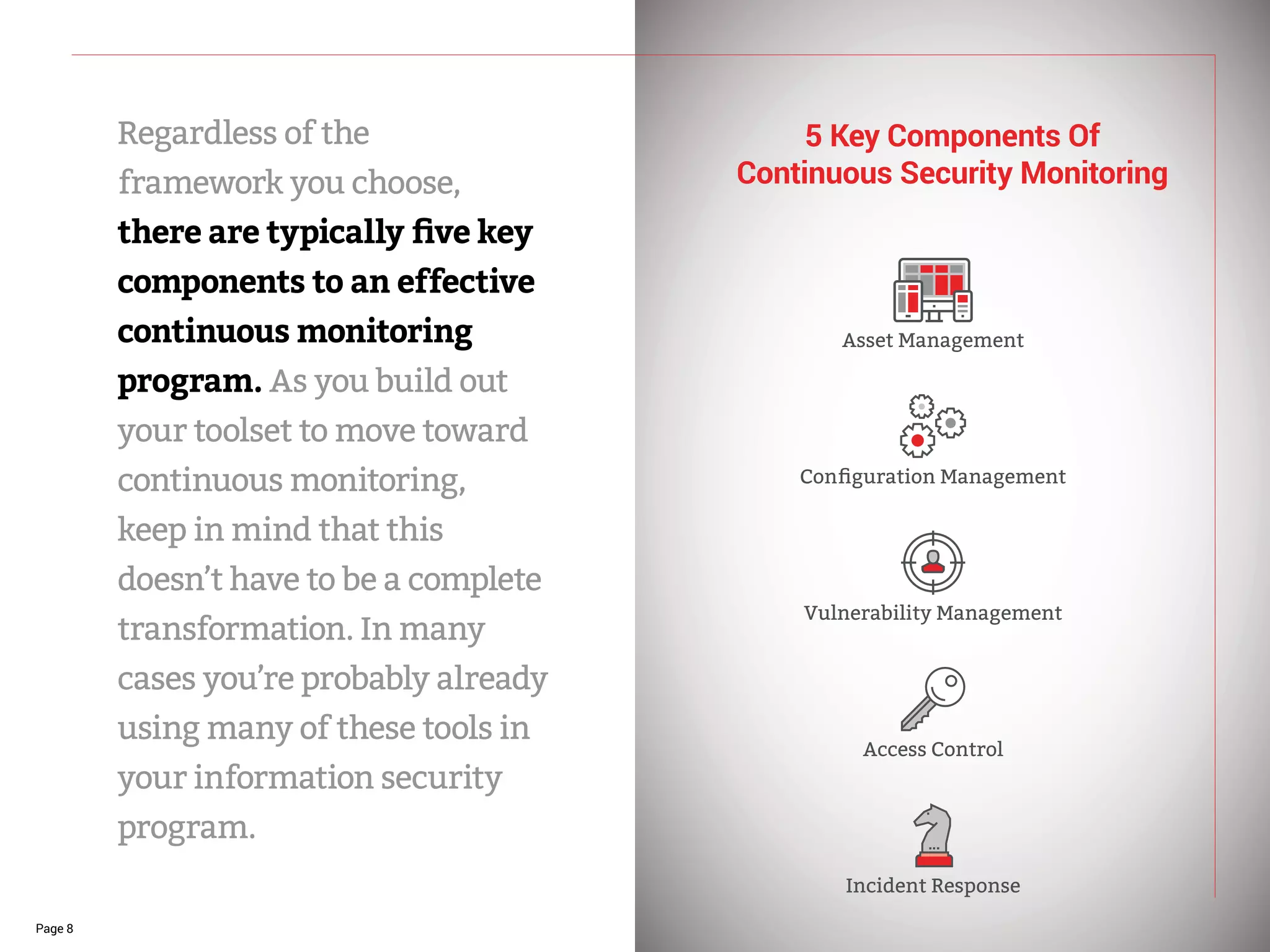 Regardless of the
framework you choose,
there are typically five key
components to an effective
continuous monitoring
program. As you build out
your toolset to move toward
continuous monitoring,
keep in mind that this
doesn’t have to be a complete
transformation. In many
cases you’re probably already
using many of these tools in
your information security
program.
5 Key Components Of
Continuous Security Monitoring
Page 8
Asset Management
Configuration Management
Vulnerability Management
Access Control
Incident Response
 