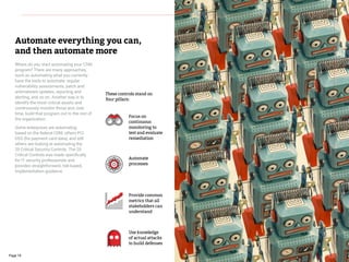 Page 16
Where do you start automating your CSM
program? There are many approaches,
such as automating what you currently
have the tools to automate: regular
vulnerability assessments, patch and
antimalware updates, reporting and
alerting, and so on. Another way is to
identify the most critical assets and
continuously monitor those and, over
time, build that program out to the rest of
the organization.
Some enterprises are automating
based on the federal CDM, others PCI
DSS (for payment card data), and still
others are looking at automating the
20 Critical Security Controls. The 20
Critical Controls was made specifically
for IT security professionals and
provides straightforward, risk-based,
implementation guidance.
Automate everything you can,
and then automate more
Focus on
continuous
monitoring to
test and evaluate
remediation
Provide common
metrics that all
stakeholders can
understand
Automate
processes
Use knowledge
of actual attacks
to build defenses
These controls stand on
four pillars:
 