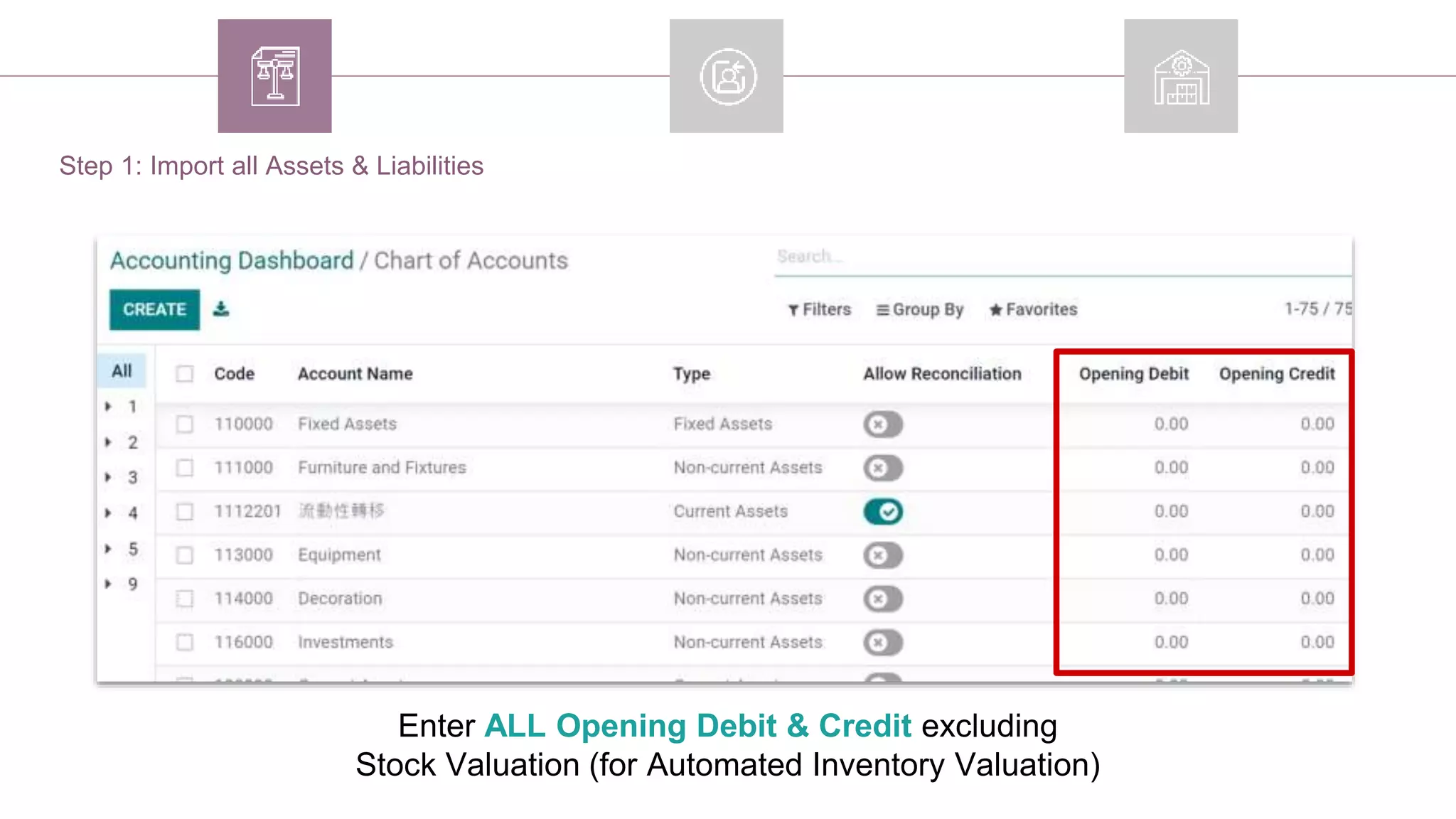 Enter ALL Opening Debit & Credit excluding
Stock Valuation (for Automated Inventory Valuation)
Step 1: Import all Assets & Liabilities
 