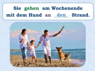 Sie gehen am Wochenende
mit dem Hund an ______ Strand.den
 