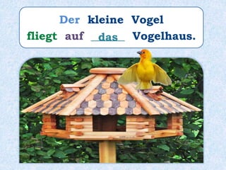 Der kleine Vogel
fliegt auf ______ Vogelhaus.das
 
