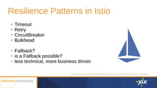 Resilience Patterns in Istio
✔
Timeout
✔
Retry
✔
CircuitBreaker
✔
Bulkhead
✗
Fallback?
✗
is a Fallback possible?
✗
less te...