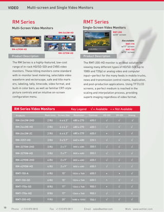 VIDEO          Multi-screen and Single Video Monitors


       RM Series                                                       RMT Series
      Multi-Screen Video Monitors                                     Single-Screen Video Monitors
                                               RM-2443W-HD                                         RMT-200
                                                                                                   w/20” screen

                                                                                                           Also available:
                                                                                                              RMT-170
                                                                                                          w/17” screen
      RM-4290W-HD                                                                                             RMT-150
                                               RM-3270W-HD                                                w/15” screen
      Product Description                                              Product Description

       The RM Series is a highly-featured, low-cost                    The RMT-200-HD monitor is an ideal solution for
       range of in-rack HD/SD-SDI and CVBS video                       viewing many different types of HD/SD-SDI (up to
       monitors. These tilting monitors come standard                  1080i and 720p) or analog video and computer
       with in-monitor level metering, selectable video                input—perfect for the many feeds in mobile trucks,
       waveform and vectorscope, safe and title mark-                  news and transmission control rooms, duplication,
       ers, labeling, tally, timecode, video format, and               and post-production applications. Using TFT/LCD
       built-in color bars, as well as familiar CRT-style              screens, a perfect medium is reached in the
       picture controls and an intuitive on-screen                     scaling and interpolation process, providing
       configuration menu.                                             superb imaging regardless of video format.



        RM Series Video Monitors                             Key Legend            $YDLODEOH        1RW $YDLODEOH

         Products                 Rack Units   Screen Size    Resolution     Contrast   HD-SDI       SD-SDI       Analog

         RM-2443W-2HD               2 RU        4 x 4.3”      480 x 270       400:1

         RM-2443W-HD                2 RU        4 x 4.3”      480 x 270       400:1

         RM-2443W-2C                2 RU        4 x 4.3”      480 x 270       400:1

         RM-3357-HD                 3 RU        3 x 5.7”      640 x 480       220:1

         RM-3270W-2HD               3 RU         2 x 7”       800 x 480       300:1

         RM-3270W-HD                3 RU         2 x 7”       800 x 480       300:1

         RM-4290W-2HD               4 RU         2 x 9”       800 x 480       400:1

         RM-4290W-HD                4 RU         2 x 9”       800 x 480       400:1

         RMT-150-A                  6 RU          15”        1024 x 768       600:1

         RMT-150-SD                 6 RU          15”        1024 x 768       600:1

         RMT-170e-SD                8 RU          17”        1366 x 768       900:1

         RMT-170e-HD                8 RU          17”        1366 x 768       900:1

         RMT-200-HD                 9 RU          20”        1680 x 1050      700:1


10
      Phone +1 510 870 0810           Fax +1 510 870 0811                 Email sales@wohler.com               W e b www.wohler.com
 