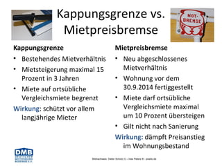 Kappungsgrenze vs.
Mietpreisbremse
Kappungsgrenze
• Bestehendes Mietverhältnis
• Mietsteigerung maximal 15
Prozent in 3 Jahren
• Miete auf ortsübliche
Vergleichsmiete begrenzt
Wirkung: schützt vor allem
langjährige Mieter
Mietpreisbremse
• Neu abgeschlossenes
Mietverhältnis
• Wohnung vor dem
30.9.2014 fertiggestellt
• Miete darf ortsübliche
Vergleichsmiete maximal
um 10 Prozent übersteigen
• Gilt nicht nach Sanierung
Wirkung: dämpft Preisanstieg
im Wohnungsbestand
Bildnachweis: Dieter Schütz (l) – Ines Peters ® - pixelio.de
 