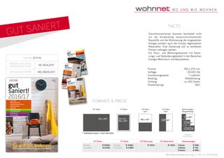 gut saniert
Format	 190 x 275 mm
Auflage:	 20.000 Stk
Erscheinungsweise:	 1 x jährlich
Bindung:	Klebebindung
Umfang:	 ca. 200 Seiten
Positionierung:	B2C
facts
Zukunftsorientiertes Sanieren beinhaltet nicht
nur die Verwendung ressourcenschonender
Baustoffe und die Minimierung der eingesetzten
Energie, sondern auch den Einsatz regenerativer
Materialien. Eine Sanierung soll zu leistbaren
Preisen vollzogen werden.
Für Haus- und Wohnungsbesitzer mit Sanie­
rungs- und Veränderungs­bedarf in den Bereichen
Energie, Wohnraum und Bausubstanz
Alle Preise verstehen sich zzgl. 5 % WA und 20 % MwSt.
Ausgabe 2017/18
Anzeigen- und druck-
unterlagenschluss
MI, 19.04.2017
	 ERSCHEINUNGSTERMIN MO, 08.05.2017
Formate & Preise
Rückseite
mit QR-Code
2/1 Seite 1/2 Seite
hoch
Kleinanzeigen
(Doppelseitig)
1/2 Seite
quer
1/1 Seite
320 x 240** 135 x 212
160 x 240**
160 x 120** 77 x 240**
** Abfallende Sujets: + 3mm Überfüller.
2/1 Seite 1/1 Seite 1/2 Seite quer 1/2 Seite hoch Kleinanzeigen
Anzeige	 € 6.900,-
Promotion	 € 5.520,-
Anzeige	 € 3.660,-
Promotion	 € 2.880-
€ 1.920,- € 1.920,- 1 Kasten	 € 399,-
2 Kästen	 € 719,-
3 Kästen	 € 990,-
160 x 80**
106 x 80**
53 x 80**
 