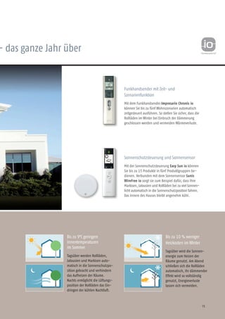 15
Bis zu 9°C geringere
Innentemperaturen
im Sommer
Tagsüber werden Rollläden,
Jalousien und Markisen auto­
ma­tisch in die Sonnenschutzpo-
sition gebracht und verhindern
das Auf­hei­­zen der Räume.
Nachts ermöglicht die Lüftungs-
position der Rollläden das Ein-
dringen der kühlen Nachtluft.
Bis zu 10 % weniger
Heizkosten im Winter
Tagsüber wird die Sonnen-
energie zum Heizen der
Räume ge­nutzt. Am Abend
schließen sich die Rollläden
automatisch, ihr dämmender
Effekt wird so vollständig
genutzt, Energieverluste
lassen sich vermeiden.
Funkhandsender mit Zeit- und
Szenarienfunktion
Mit dem Funkhandsender Impresario Chronis io
können Sie bis zu fünf Wohnszenarien automatisch
zeitgesteuert ausführen. So stellen Sie sicher, dass die
Rollläden im Winter bei Einbruch der Dämmerung
geschlossen werden und vermeiden Wärmeverluste.
Sonnenschutzsteuerung und Sonnensensor
Mit der Sonnenschutzsteuerung Easy Sun io können
Sie bis zu 15 Produkte in fünf Produktgruppen be-
dienen. Verbunden mit dem Sonnensensor Sunis
WireFree io sorgt sie zum Beispiel dafür, dass Ihre
Markisen, Jalousien und Rollläden bei zu viel Sonnen-
licht automatisch in die Sonnenschutzposition fahren.
Das Innere des Hauses bleibt angenehm kühl.
– das ganze Jahr über
 