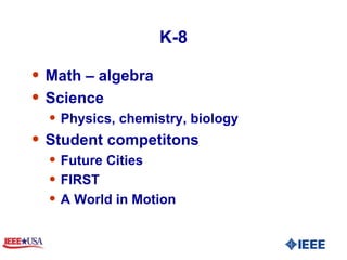 K-8 Math – algebra Science Physics, chemistry, biology Student competitons Future Cities FIRST A World in Motion 