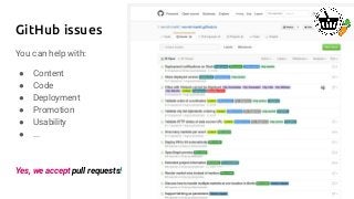 GitHub issues
You can help with:
● Content
● Code
● Deployment
● Promotion
● Usability
● ...
Yes, we accept pull requests!
 