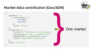 Market data contribution (GeoJSON)
{
"geometry": {
"coordinates": [
8.655480,
49.872375
],
"type": "Point"
},
"properties": {
"location": "Marktplatz, Altes Rathaus",
"opening_hours": "We, Sa 08:00-15:00",
"opening_hours_unclassified": null,
"title": "Wochenmarkt Darmstadt"
},
"type": "Feature"
}
}One market
 