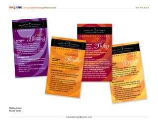 wojane designadvertisingartdirection                                                                                                                                                                       207 712 6283




       BL IZ ZA RD
       RE CI PE
                               s, pears or
       Smother baked apple                                                                                    T WIS T RE CIP E
       poached peaches      with Five Fruit
                             dollop of fresh                                                                  Sauté zucchini,
       Blizzard then add a                                                                                    boiled potatoes, or
       whipped cream     flavored with natural
                              sence (a dessert                                                                tofu in olive oil until golden on
       vanilla or almond es                                                                                   edges. Add 2 tbsp of Garlic Balsamic
        with no refi ned white sugar!).
                                                                                                              Twist at end and caramelize.
                         S
        SU GG ES TI ON                                                                                        S UGGE S T IONS
                                t on waffles, toast            THUND
        • Include for breakfas                                 R E C IP E
                                                                          ER                                 • Add grape tomatoes, fresh basil and
                                  -fat yogurt and
          or muffins, or with no                                Pour Hot                                       small mozzarella balls to pasta and toss
           granola.                                                       Pineapple                            with Garlic Balsamic Twist. Add 1 cup of D R IZ Z L E
                                t with a holiday               wedge of                Thunder o
         • As a side condimen                                             triple crea               na                                                            E
                                                                                      m brie an                chopped arugula greens.                  R E C IP
                                                               10-15 min                                                                                                                         to lightly
                     ck dish.                                             . at 350°.             d heat for • Marinade all meats, seafood and poultry,              eet
           ham or du                                y,                                Serve with                                                         Slice sw rounds. Place on mon
                              te stuffing for turke                                                                                                                                      ver in Le
         • Add to your favori                                 SUGGE
                                                                                                    Ciabatta. for grilling, roasting and baking.
                                                                                                                                                         potato in
                                                                                                                                                                     to
                                                                                                                                                                             heet. Co le with sea
           chicken or pork.
                                                                      S T IO N S
                                                                                                             • Include in beef or turkey meatloaf.        oiled  baking s          d sprink                      n
                                                             • Add to M                                                                                                rizzle an                    ndonesia
                                                                         exican dis                          • Sauté scallops with Garlic Balsamic        Ginger D                     uch as “I
                                                               or gourme             hes like e
                                                                                                nchiladas                                                             sea  soning s              er, a pprox.
                                                                          t nachos re                          Twist and dress your spinach salad.         salt and                 until tend
                                                              salsa.                    placing re
                                                                                                    gular                                                             ix”. Bake
                                                            • Use as a                                       • Add new zest to your usual coleslaw.        Spice M
                                                             fingers or
                                                                         dipping sa
                                                                                     uce for ch                                                             25 min.
                                                                         as a low-c             icken                                                                            NS                           then
                                                             dressing b              al chicken                                                              SUGG
                                                                                                                                                                      E S T IO                    egtables
                                                                         y adding e              salad                                                                               r other v rizzle and
                                                            free sour                qual parts                                                                          carrots o
                                                                       cream an                  of fat-                                                     • Steam                     Ginger D
                                                          • Mix with               d plain yo                                                                               h Lemon
                                                                      mustard a               gurt.                                                             dress wit .                                         d
                                                           dressing o             nd use as                                                                                 ste                         garlic an
                                                                       r                      grill                                                             salt to ta                  rice; add
                                                         • Serve on sandwich spread.                                                                                       w  ith brown ic flair.
                                                                      vanilla ice                                                                              • Toss in for an ethn
                                                                                   cream.                                                                                     r                           tch it by
                                                                                                                                                                 coriande ny grill item! Stre
                                                                                                                                                                           de a                         .
                                                                                                                                                                • Marina                    art of O.J
                                                                                                                                                                                n equal p ed topping and
                                                                                                                                                                  adding a           e whipp
                                                                                                                                                                             fat-fre                       l.
                                                                                                                                                                 • Add to                     k the bow
                                                                                                                                                                                  ts will lic
                                                                                                                                                                   y our gues




Walley Jensen
Recipe Cards


                                                                                      wo j an ed es i g n @ yah o o. co m
 