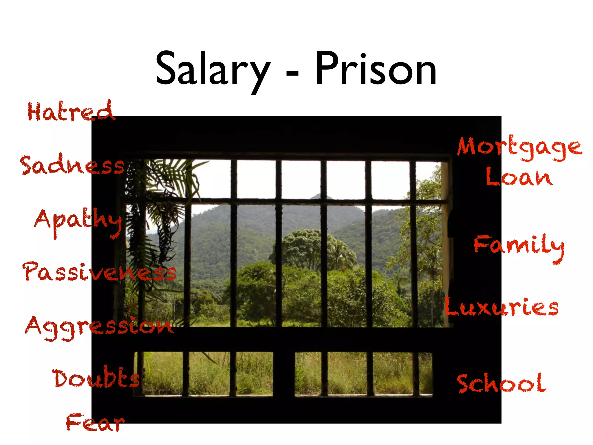 Salary - Prison
Hatred
Sadness
Apathy
Passiveness
Aggression
Doubts
Fear
Mortgage
Loan
Family
Luxuries
School
 