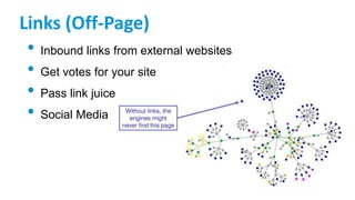 Links (Off-Page)
• Inbound links from external websites
• Get votes for your site
• Pass link juice
• Social Media
 