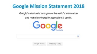 Google Mission Statement 2018
Google's mission is to organise the world's information
and make it universally accessible & useful.
 