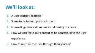 We’ll look at:
1. A user journey example
2. Some tools to help you track them
3. Interesting observations we found during our tests
4. How we can focus our content to be contextual to the user
experience
5. How to nurture the user through their journey
 