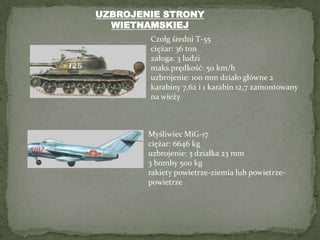 UZBROJENIE STRONY WIETNAMSKIEJCzołg średni T-55 ciężar: 36 tonzałoga: 3 ludzimaks.prędkość: 50 km/huzbrojenie: 100 mm działo główne 2 karabiny 7,62 i 1 karabin 12,7 zamontowany na wieżyMyśliwiec MiG-17 ciężar: 6646 kguzbrojenie: 3 działka 23 mm3 bomby 500 kgrakiety powietrze-ziemia lub powietrze-powietrze