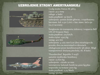UZBROJENIE STRONY AMERYKANSKIEJCzołg średni Patton M-38A3ciężar: 47,2 tonyzałoga: 4 ludzimaks.prędkość: 50 km/huzbrojenie: 90mm działo główne, 1 współosiowy kar.masz. kal. 0,30 (7,62), 1 kar. masz. kal.0.50 (12,7) na wieżyŚmigłowiec do transportu żołnierzy i wsparcia Bell UH-1D IroquosHueymaks.prędkość 205 km/h maks.ciężar: 4303 kgzasięg: 400 kmuzbrojenie: 4 7,62 mm k.m (dwa strzelające do przodu, dwa na sworzniach w drzwiach obsługiwane przez karabinowych) 38 rakiet. Mógł transportować drużynę piechoty, ok. 8 ludzi.Thunderchief  Republic F-105D samolot myśliwsko-bombowy ciężar: 23 600 kguzbrojenie: 1 działo 20 mmwewnętrzny ładunek bomb na 4000 kg plus wsporniki na kolejne 3000 kgmaks.prędkość: 2,25 Machzasięg: 370 km