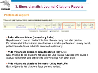 3. Eines d’anàlisi: Journal Citations Reports
Categoria Engineering, Aerospace (30 revistes)
Dades d’una categoria
 