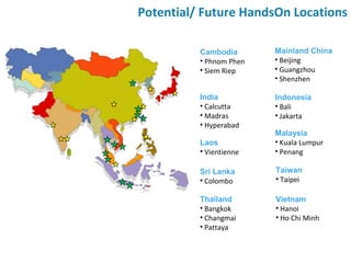 Potential/ Future HandsOn Locations
Cambodia
• Phnom Phen
• Siem Riep
Malaysia
• Kuala Lumpur
• Penang
Taiwan
• Taipei
Ind...