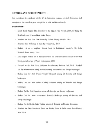 35
AWARDS AND ACHIEVEMENTS :
Our commitment to excellence whether it’s in banking or insurance or stock broking or fund
management has earned us great recognition in India and internationally.
Recent awards:
 Kotak Bond Regular Plan Growth won the Lipper Fund Award, 2014, for being the
Best Fund over 10 years Bond Indian Rupee
 Received the Best Debt Fund House by Outlook Money Awards, 2014
 Awarded Best Brokerage in India by FinanceAsia, 2014
 Ranked 1st on a weighted formula basis in Institutional Investor's All- India
Research Team survey, 2014
 KIE analysts ranked 1st in financial services and 3rd in the media sector in the Wall
Street Journal survey of Asia's best analysts, 2014
 Emerged as the Best Local Brokerage in Asiamoney Brokers Poll, 2014 - Ranked
2nd for Best Overall Country Research among all domestic and foreign brokerages
 Ranked 2nd for Best Overall Country Research among all domestic and foreign
brokerages
 Ranked 2nd for Best Overall Country Research among all domestic and foreign
brokerages
 Ranked 2nd for Best Execution among all domestic and foreign brokerages
 Ranked 2nd for Most Independent Research Brokerage among all domestic and
foreign brokerages
 Ranked 3rd for Best in Sales Trading among all domestic and foreign brokerages
 Received the Best Investment Bank and Equity House in India award from Finance
Asia, 2014
 