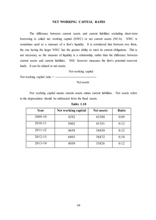 68
NET WORKING CAPITAL RATIO
The difference between current assets and current liabilities excluding short-term
borrowing is called net working capital (NWC) or net current assets (NCA). NWC is
sometimes used as a measure of a firm’s liquidity. It is considered that between two firms,
the one having the larger NWC has the greater ability to meet its current obligations. This is
not necessary so the measure of liquidity is a relationship, rather than the difference between
current assets and current liabilities. NEC however measures the firm’s potential reservoir
funds. It can be related to net assets.
Net working capital
Net working capital ratio = ---------------------------------------
Net assets
Net working capital means current assets minus current liabilities. Net assets refers
to the depreciation should be subtracted from the fixed assets.
Table 1.10
Year Net working capital Net assets Ratio
2009-10 4292 43380 0.09
2010-11 5002 41351 0.12
2011-12 4658 38430 0.12
2012-13 6803 38472 0.18
2013-14 4058 33826 0.12
 