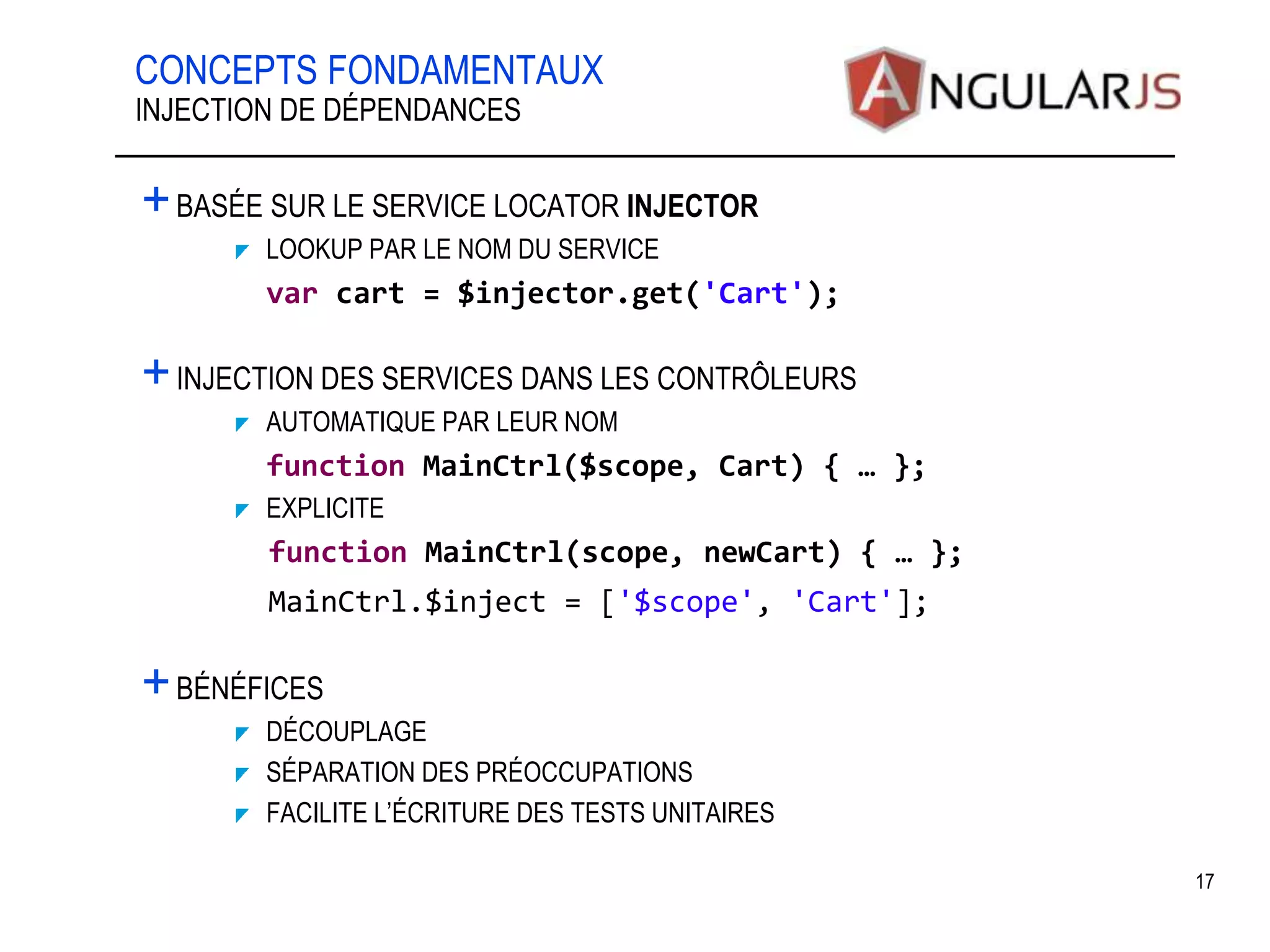 CONCEPTS FONDAMENTAUX +BASÉE SUR LE SERVICE LOCATOR INJECTOR LOOKUP PAR LE NOM DU SERVICE var cart = $injector.get('Cart'); +INJECTION DES SERVICES DANS LES CONTRÔLEURS AUTOMATIQUE PAR LEUR NOM function MainCtrl($scope, Cart) { … }; EXPLICITE function MainCtrl(scope, newCart) { … }; MainCtrl.$inject = ['$scope', 'Cart']; +BÉNÉFICES DÉCOUPLAGE SÉPARATION DES PRÉOCCUPATIONS FACILITE L’ÉCRITURE DES TESTS UNITAIRES 17 INJECTION DE DÉPENDANCES 