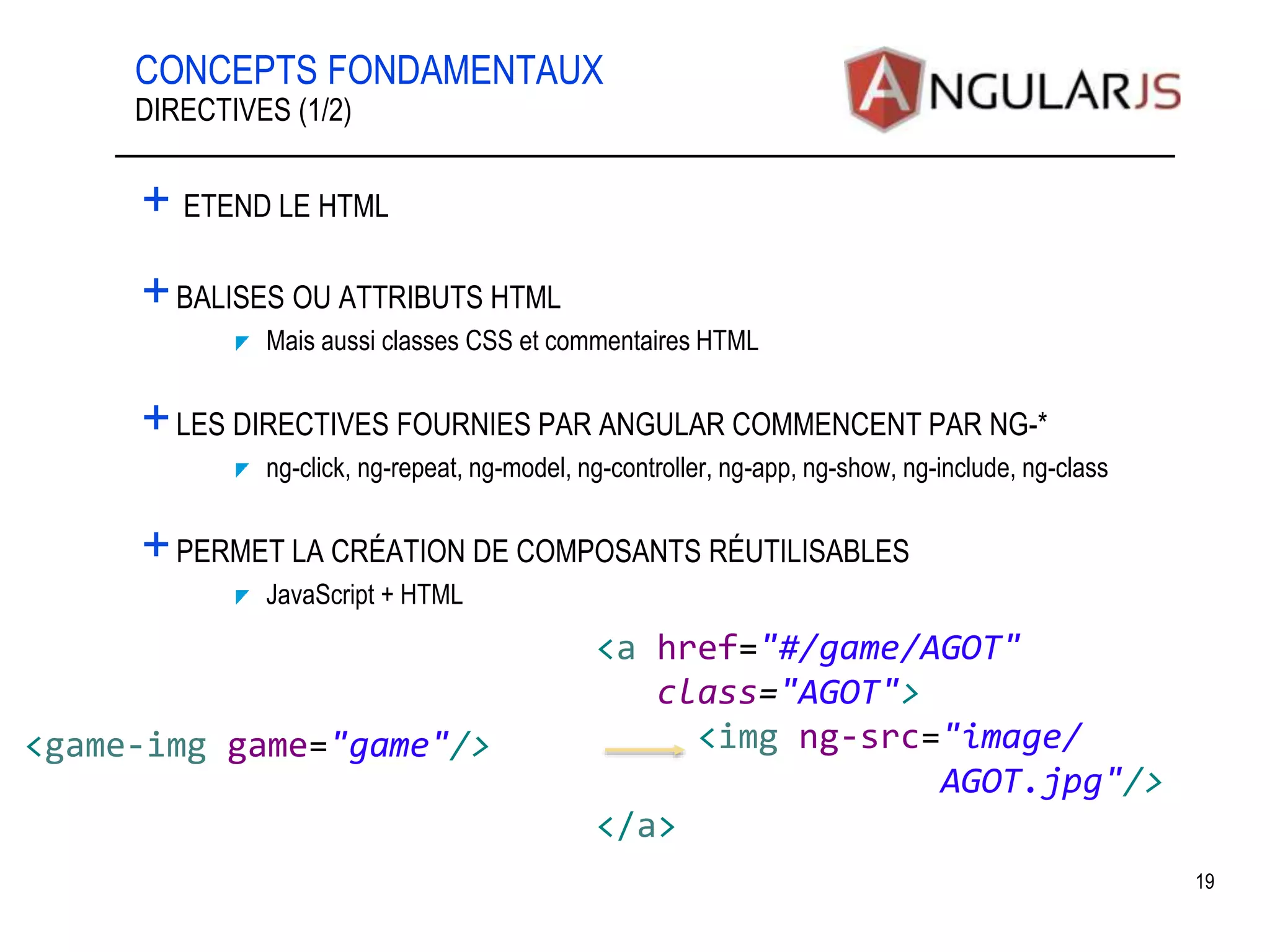 CONCEPTS FONDAMENTAUX + ETEND LE HTML +BALISES OU ATTRIBUTS HTML Mais aussi classes CSS et commentaires HTML +LES DIRECTIVES FOURNIES PAR ANGULAR COMMENCENT PAR NG-* ng-click, ng-repeat, ng-model, ng-controller, ng-app, ng-show, ng-include, ng-class +PERMET LA CRÉATION DE COMPOSANTS RÉUTILISABLES JavaScript + HTML 19 DIRECTIVES (1/2) <game-img game="game"/> <a href="#/game/AGOT" class="AGOT"> <img ng-src="image/ AGOT.jpg"/> </a> 