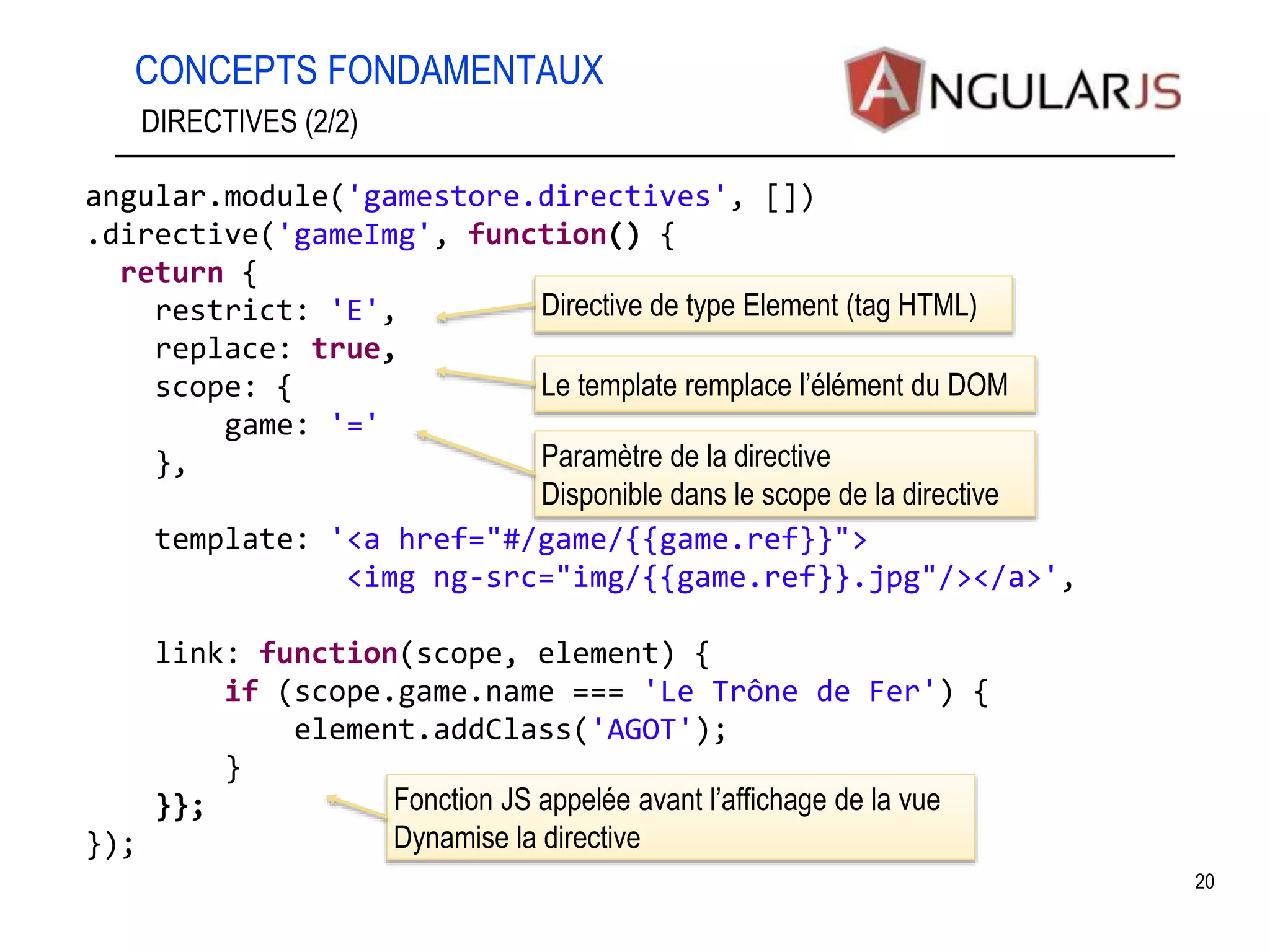 CONCEPTS FONDAMENTAUX 20 DIRECTIVES (2/2) angular.module('gamestore.directives', []) .directive('gameImg', function() { return { restrict: 'E', replace: true, scope: { game: '=' }, template: '<a href="#/game/{{game.ref}}"> <img ng-src="img/{{game.ref}}.jpg"/></a>', link: function(scope, element) { if (scope.game.name === 'Le Trône de Fer') { element.addClass('AGOT'); } }}; }); Directive de type Element (tag HTML) Le template remplace l’élément du DOM Paramètre de la directive Disponible dans le scope de la directive Fonction JS appelée avant l’affichage de la vue Dynamise la directive 
