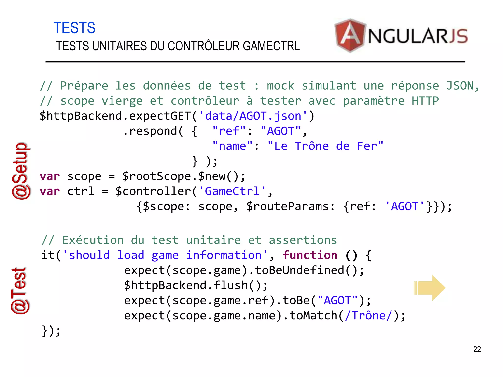 TESTS 22 TESTS UNITAIRES DU CONTRÔLEUR GAMECTRL // Prépare les données de test : mock simulant une réponse JSON, // scope vierge et contrôleur à tester avec paramètre HTTP $httpBackend.expectGET('data/AGOT.json') .respond( { "ref": "AGOT", "name": "Le Trône de Fer" } ); var scope = $rootScope.$new(); var ctrl = $controller('GameCtrl', {$scope: scope, $routeParams: {ref: 'AGOT'}}); // Exécution du test unitaire et assertions it('should load game information', function () { expect(scope.game).toBeUndefined(); $httpBackend.flush(); expect(scope.game.ref).toBe("AGOT"); expect(scope.game.name).toMatch(/Trône/); }); @Setup @Test 