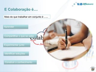 E Colaboração é....
Mais do que trabalhar em conjunto é ......



Aprender
                                             Trabalho



                        Colaboração
Compartilhar o que se sabe


Experimentar junto               Junto


Identificar soluções


Construir o conhecimento
 