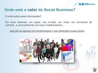 Onde está o valor do Social Business?
E onde estão estas informações?

Em seus sistemas, em papel, nos e-mails, em chats, em conversas de
corredor...e principalmente com seus Colaboradores...

    que são os agentes da transformação e que alimentam essas fontes.
 