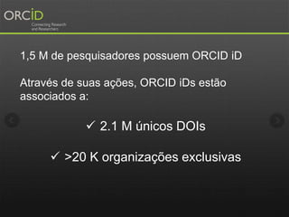 1,5 M de pesquisadores possuem ORCID iD
Através de suas ações, ORCID iDs estão
associados a:
 2.1 M únicos DOIs
 >20 K organizações exclusivas
 