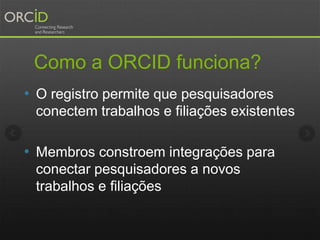 Como a ORCID funciona?
• O registro permite que pesquisadores
conectem trabalhos e filiações existentes
• Membros constroem integrações para
conectar pesquisadores a novos
trabalhos e filiações
 