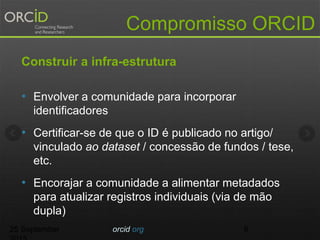 Compromisso ORCID
Construir a infra-estrutura
• Envolver a comunidade para incorporar
identificadores
• Certificar-se de que o ID é publicado no artigo/
vinculado ao dataset / concessão de fundos / tese,
etc.
• Encorajar a comunidade a alimentar metadados
para atualizar registros individuais (via de mão
dupla)
25 September orcid.org 6
 