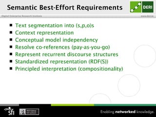 Semantic Best-Effort Requirements
Digital Enterprise Research Institute                      www.deri.ie



           Text segmentation into (s,p,o)s
           Context representation
           Conceptual model independency
           Resolve co-references (pay-as-you-go)
           Represent recurrent discourse structures
           Standardized representation (RDF(S))
           Principled interpretation (compositionality)
 