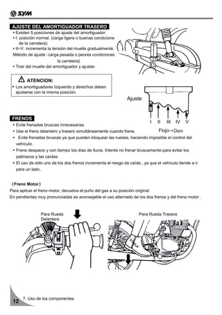 AJUSTE DEL AMORTIGUADOR TRASERO
  Existen 5 posiciones de ajuste del amortiguador.
  I: posición normal. (carga ligera o buenas condiciones
     de la carretera)
  II~V: incrementa la tensión del muelle gradualmente.
 Método de ajuste：carga pesada o peores condiciones de
                          la carretera)
   Tirar del muelle del amortiguador y ajustar.


         ATENCION:
   Los amortiguadores Izquierdo y derechos deben
   ajustarse con la misma posición.
                                                                Ajuste


 FRENOS
                                                                            I   II   III   IV   V
   Evite frenadas bruscas innecesarias.
   Use el freno delantero y trasero simultáneamente cuando frene.               Flojo→Duro
    Evite frenadas bruscas ya que pueden bloquear las ruedas, haciendo imposible el control del
   vehículo.
   Frene despacio y con tiempo los días de lluvia. Intente no frenar bruscamente para evitar los
   patinazos y las caídas.
   El uso de sólo uno de los dos frenos incrementa el riesgo de caída , ya que el vehículo tiende a ir
   para un lado..


《Freno Motor》
Para aplicar el freno motor, devuelva el puño del gas a su posición original.
En pendientes muy pronunciadas es aconsejable el uso alternado de los dos frenos y del freno motor .



                 Para Rueda                                           Para Rueda Trasera
                 Delantera




       7. Uso de los componentes
 12
 