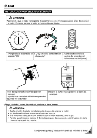 METODOLOGIA PARA ENCENDER EL MOTOR


          ATENCION:
    Compruebe que el motor y el depósito de gasolina tienen los niveles adecuados antes de encender
    el motor. Encienda siempre el motor en lugares bien ventilados.




  1. Ponga la llave de contacto en 2. ¿Hay suficiente combustible en 3. Cambie la transmisión a
    posición “ON”                    el depósito?                       neutral. Se encenderá el
                                                                        indicador de neutral (verde)




  4.Tire de la palanca hacia arriba (posición       5.No gire el puño del gas; presione el botón de
    cerrada)                                          arranque.
  La palanca de cambio se encuentra bajo el lado
  izquierdo del carburador.


¡Tenga cuidado! Antes de conducir, accione el freno trasero.

          ATENCION:
      Suelte el botón de starter inmediatamente después de arrancar el motor.
      No presione el botón de starter con el motor en marcha.
      Si el motor falla después de 3~4 tentativas con el botón de starter, abra el gas.
      Permita que el motor se caliente 2~3 minutes después de encenderlo, a continuación tire de la
       palanca hacia posición cerrada.




                                   8.Importantes puntos y precauciones antes de encender el motor
                                                                                                       13
 