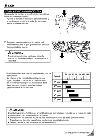 CONDUCIENDO LA MOTOCICLETA
Compruebe los frenos y la presión de los neumáticos
antes de ponerse en marcha.
1. Apriete la maneta de embrague completamente, y
   a continuación presione el pedal del freno para
   entrar la primera marcha.




2.   Después, suelte suavemente la maneta y al
     mismo tiempo abra el gras gradualmente para que
     la motocicleta se mueva.


          ATENCION:
     Tras encender el motor y antes de iniciar la
     marcha, no debe operar el gas para aumentar la
     velocidad.




     Cambie la palanca de marcha según la velocidad de
                                                                        20 40 60 80 100 120 140
     conducción.                                           Speed
     La relación entre velocidad (speed) y marcha
     (gear) se puede consultar en el cuadro adjunto.
     Le recomendamos seguir las indicaciones de la         1st gear
     tabla para economizar y tener las mejores
                                                           2nd gear
     prestaciones de su motocicleta.
                                                           3rd gear

                                                           4th gear
                                                            th
                                                           5 gear




           ATENCION:
     Durante los primeros 1,000km, es preferible conducir con velocidad reducida par el rodaje del motor
     y garantizar un buen funcionamiento del mismo.
       Transcurridos los primeros 300km no deje de cambiar el aceite de motor y limpiar el filtro.
       Tras el cambio de motor es preferible conducir con velocidad reducida.
       Deberá calentar el motor antes de iniciar la conducción.




                                                                        9.Conduciendo la motocicleta
                                                                                                       15
 