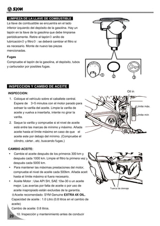 LIMPIEZA DE LA LLAVE DE COMBUSTIBLE
La llave de combustible se encuentra en el lado
inferior izquierdo del depósito de la gasolina. Hay un
tapón en la llave de la gasolina que debe limpiarse
periódicamente. Retire el tapón anillo de
lubricación y filtro : se deberá cambiar el filtro si
es necesario. Monte de nuevo las piezas
mencionadas.

Fugas
Compruebe el tapón de la gasolina, el depósito, tubos
y carburador por posibles fugas.




 INSPECCION Y CAMBIO DE ACEITE
                                                                                Oil in
INSPECCION:
 1. Coloque el vehículo sobre el caballete central.
      Espere de 3~5 minutos con el motor parado para
                                                                                         Límite máx.
      extraer la varilla del aceite. Limpie la varilla de
      aceite y vuelva a insertarla, intente no girar la
                                                                                         Límite mín
      varilla.
 2. Saque la varilla y compruebe si el nivel de aceite
      está entre las marcas de mínimo y máximo. Añada
      aceite hasta el límite máximo en caso de que el
      aceite este por debajo del mínimo. (Compruebe el
      cilindro, cárter...etc, buscando fugas.)

CAMBIO ACEITE:
      Cambie el aceite después de los primeros 300 km y
    después cada 1000 km. Limpie el filtro la primera vez y
    después cada 5000 km.
    Para mantener las máximas prestaciones del motor,
    compruebe el nivel de aceite cada 500km. Añada aceite
    hasta el límite máximo si fuera necesario.
      Aceite Motor : Use API SH, SAE 10w-30 o un aceite
    mejor. Las averías por falta de aceite o por uso de
                                                                 Tuerca de drenaje
    aceite inapropiado están excluidas de la garantía.
   ※Aceite recomendado: SYM Genuine EXTRA 4X OIL.
   Capacidad de aceite : 1.0 Litro (0.8 litros en el cambio de
   aceite)
   Cambio de aceite: 0.8 litros.
        10. Inspección y mantenimiento antes de conducir
 20
 