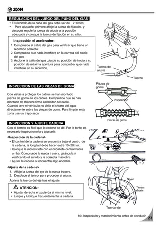 REGULACION DEL JUEGO DEL PUÑO DEL GAS
   El recorrido de la caña del gas debe ser de 2~6mm.
     Para ajustarlo, primero afloje la tuerca de fijación, y
   después regule la tuerca de ajuste a la posición
   adecuada y coloque la tuerca de fijación en su sitio.

    Inspección el acelerador:
  1. Compruebe el cable del gas para verificar que tiene un
     recorrido correcto.
  2. Compruebe que nada interfiere en la carrera del cable
     del gas
  3. Accione la caña del gas ,desde su posición de inicio a su
     posición de máxima apertura para comprobar que nada
     interfiere en su recorrido.                                    Tuerca de
                                                                    ajuste

                                                                                                Tuerca
                                                                   Piezas de
 INSPECCION DE LAS PIEZAS DE GOMA                                  goma

Con vistas a proteger los cables se han montado
piezas de goma en los cables. Compruebe que se han
                                                                                Inspección
montado de manera firme alrededor del cable.
Cuando lave el vehículo no dirija el chorro del agua
directamente sobre las piezas de goma. Para limpiar esta
zona use un trapo seco

                                                                           Piezas de goma
 INSPECCION Y AJUSTE CADENA
Con el tiempo es fácil que la cadena se dé. Por lo tanto es
necesario inspeccionarla y ajustarla.
<Inspección de la cadena>
   El control de la cadena se encuentra bajo el centro de
   la cadena, la longitud debe hacer entre 10~20mm.                  10~20mm
   Coloque la motocicleta con el caballete central hacia
   arriba. Compruebe la rueda trasera, girándola y
   verificando el sonido y la correcta maniobra.
   Ajuste la cadena si encuentra algo anormal.

<Ajuste de la cadena>
 1. Afloje la tuerca del eje de la rueda trasera.
 2. Desplace el tensor para proceder al ajuste.
 Apriete la tuerca del eje tras el ajuste.                                                  Nivel

         ATENCION:                                                                                  Tensor
                                                                                                    ajuste
     Ajustar derecha e izquierda al mismo nivel.
     Limpie y lubrique frecuentemente la cadena.


                                                                          Tuerca eje

                                                       10. Inspección y mantenimiento antes de conducir
                                                                                                             23
 