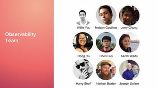 Observability
Team
Willie Yao Nelson Gauthier Jerry Chung
Rong Hu Chen Luo Sarah Wada
Harry Shoff Nathan Baxter Joseph Sofaer
 