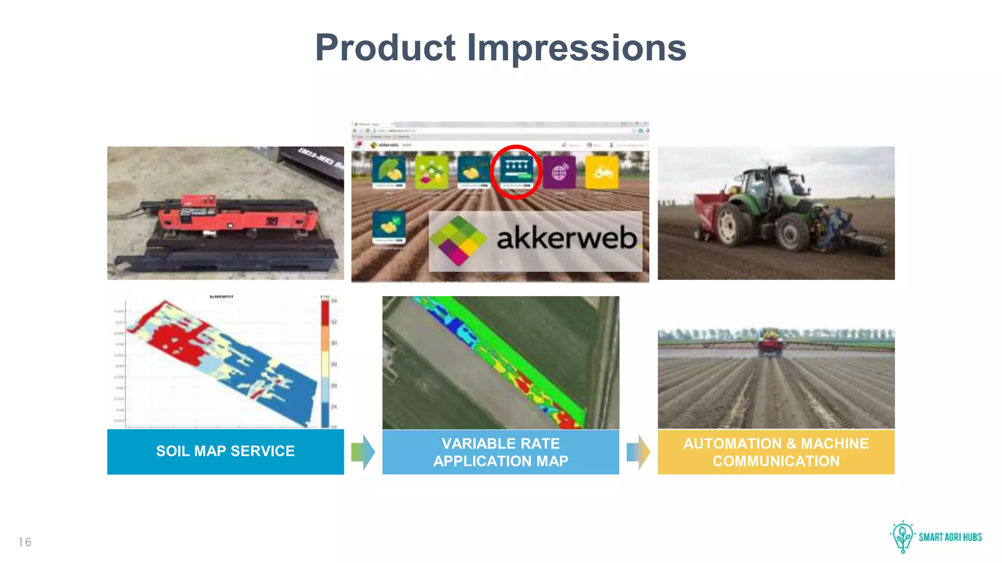 16
SOIL MAP SERVICE
VARIABLE RATE
APPLICATION MAP
AUTOMATION & MACHINE
COMMUNICATION
Product Impressions
 