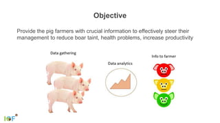 Objective
Provide the pig farmers with crucial information to effectively steer their
management to reduce boar taint, health problems, increase productivity
 