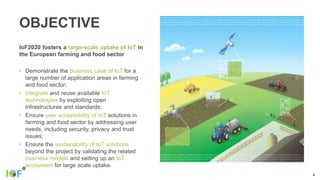 OBJECTIVE
IoF2020 fosters a large-scale uptake of IoT in
the European farming and food sector
• Demonstrate the business case of IoT for a
large number of application areas in farming
and food sector;
• Integrate and reuse available IoT
technologies by exploiting open
infrastructures and standards;
• Ensure user acceptability of IoT solutions in
farming and food sector by addressing user
needs, including security, privacy and trust
issues;
• Ensure the sustainability of IoT solutions
beyond the project by validating the related
business models and setting up an IoT
ecosystem for large scale uptake.
4
 