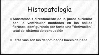 Histopatología
0 Anastomosis directamente de la pared auricular
 con la ventricular montadas en los anillos
 fibrosos, configurando por tanto una "derivación"
 total del sistema de conducción

0 Estas vías son los denominados haces de Kent
 
