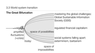 3.3 World system transition
The Great Bifurcation
ampliﬁed
ﬂuctuations
(=crisis)
mastering the global challenges:
Global Sustainable Information
Society (GSIS)
social systems falling apart:
exterminism, barbarism
regulated ﬁnancial capitalism
space of possibilities
space of
impossibilities
today
 