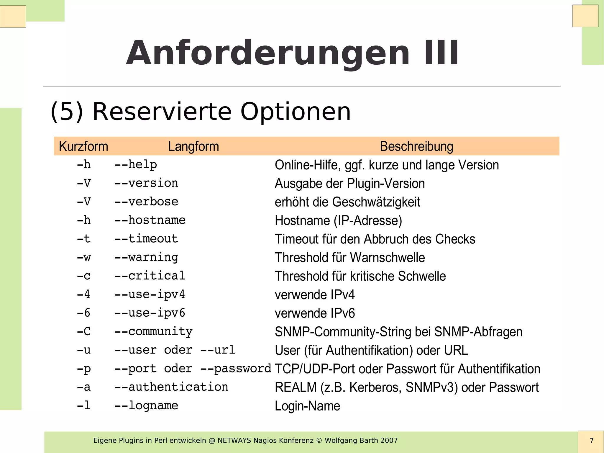 Eigene Plugins in Perl entwickeln @ NETWAYS Nagios Konferenz © Wolfgang Barth 2007 7
Anforderungen III
(5) Reservierte Optionen
Kurzform Langform Beschreibung
­h ­­help Online-Hilfe, ggf. kurze und lange Version
­V ­­version Ausgabe der Plugin-Version
­V ­­verbose erhöht die Geschwätzigkeit
­h ­­hostname Hostname (IP-Adresse)
­t ­­timeout Timeout für den Abbruch des Checks
­w ­­warning Threshold für Warnschwelle
­c ­­critical Threshold für kritische Schwelle
­4 ­­use­ipv4 verwende IPv4
­6 ­­use­ipv6 verwende IPv6
­­community SNMP-Community-String bei SNMP-Abfragen
­u ­­user oder ­­url User (für Authentifikation) oder URL
­p ­­port oder ­­password TCP/UDP-Port oder Passwort für Authentifikation
­a ­­authentication REALM (z.B. Kerberos, SNMPv3) oder Passwort
­l ­­logname Login-Name
­C
 