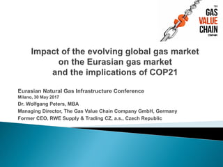 Eurasian Natural Gas Infrastructure Conference
Milano, 30 May 2017
Dr. Wolfgang Peters, MBA
Managing Director, The Gas Value Chain Company GmbH, Germany
Former CEO, RWE Supply & Trading CZ, a.s., Czech Republic
 