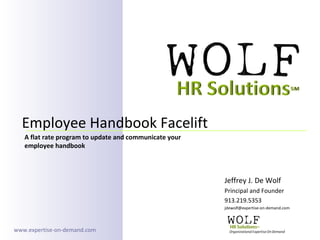 Jeffrey J. De Wolf Principal and Founder 913.219.5353 [email_address] Employee Handbook Facelift  A flat rate program to update and communicate your employee handbook www.expertise-on-demand.com 