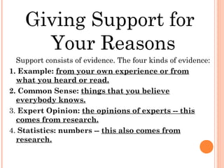 Giving Support for
Your Reasons
Support consists of evidence. The four kinds of evidence:
1. Example: from your own experience or from
what you heard or read.
2. Common Sense: things that you believe
everybody knows.
3. Expert Opinion: the opinions of experts -- this
comes from research.
4. Statistics: numbers -- this also comes from
research.
 