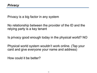 Privacy is a big factor in any system
No relationship between the provider of the ID and the
relying party is a key tenant
Is privacy good enough today in the physical world? NO
Physical world system wouldn’t work online. (Tap your
card and give everyone your name and address)
How could it be better?
14
Privacy
 